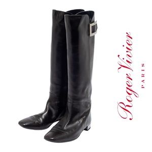 Roger Vivier Black Leather Buckle Knee Length Boots Size 37
